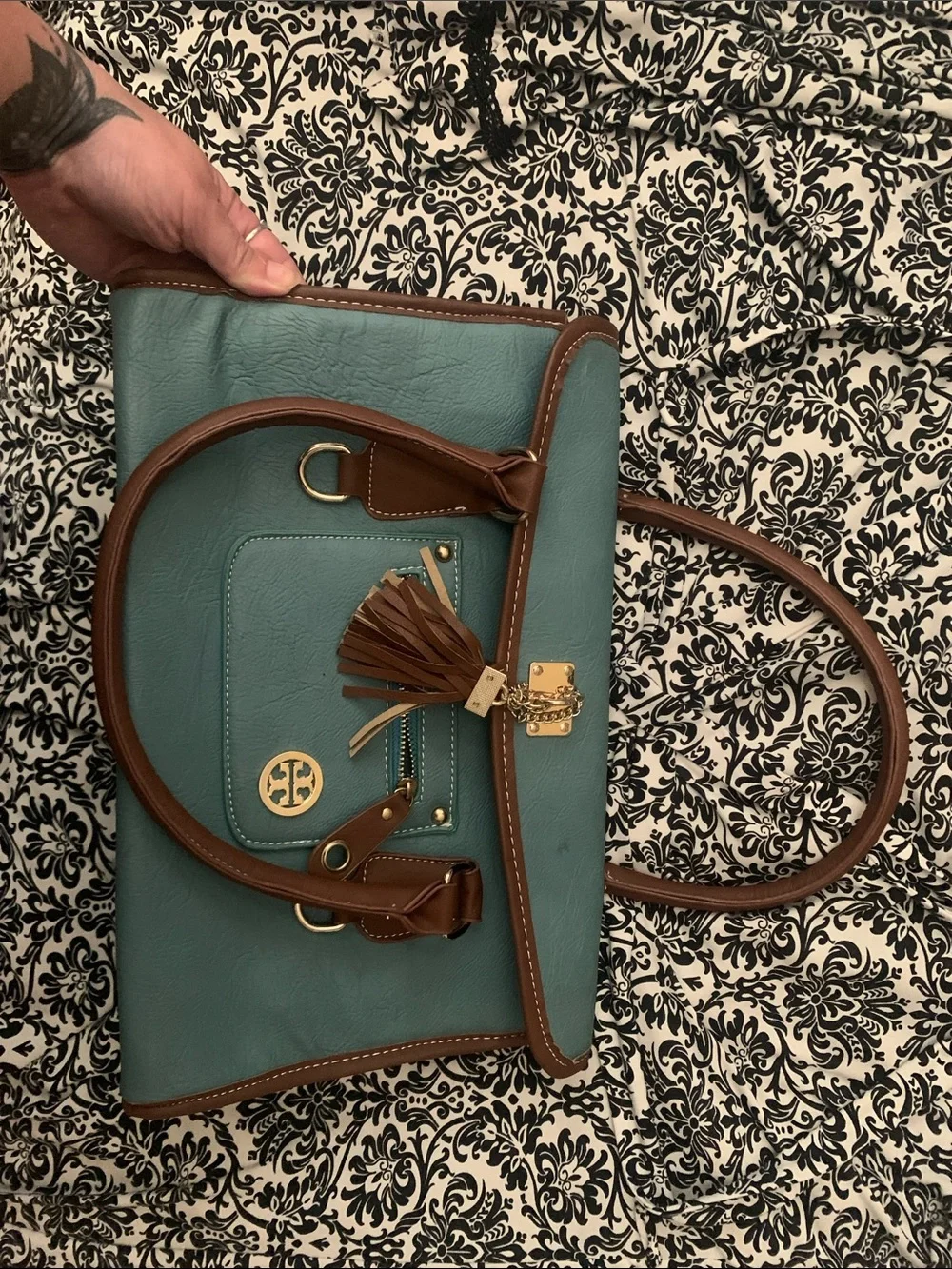 Tory Burch Teal and Brown Leather Satchel with Tassel Accent